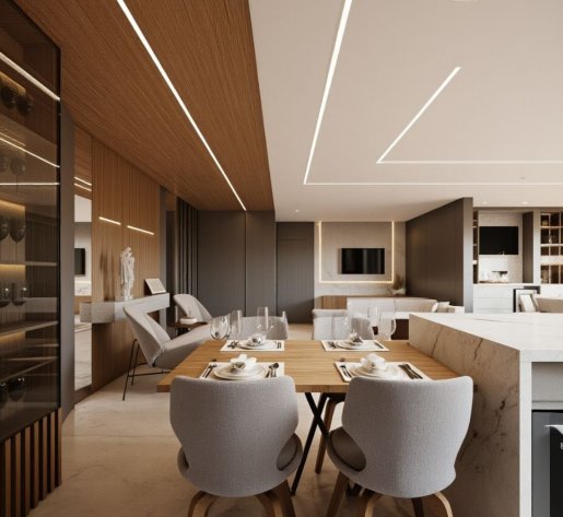 Projeto de interiores sala de jantar com revestimento de madeira e detalhes em mármore