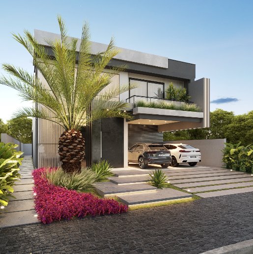 Projeto residencial alto padrão Piracicaba SP — fachada moderna com palmeiras e paisagismo