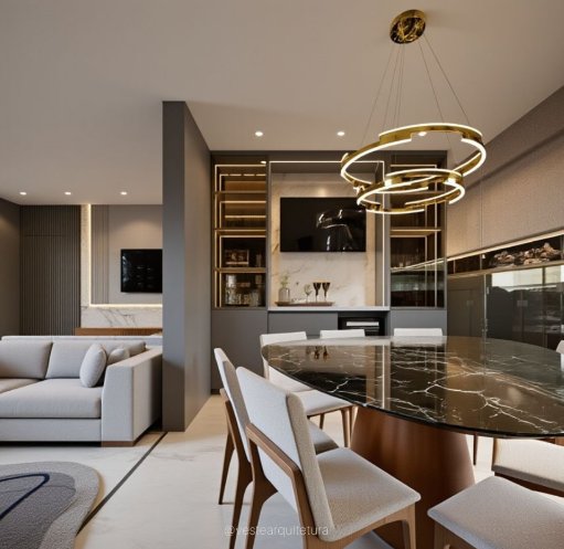 Design de interiores luxuoso sala de jantar com lustre dourado em espiral e mesa de mármore negro