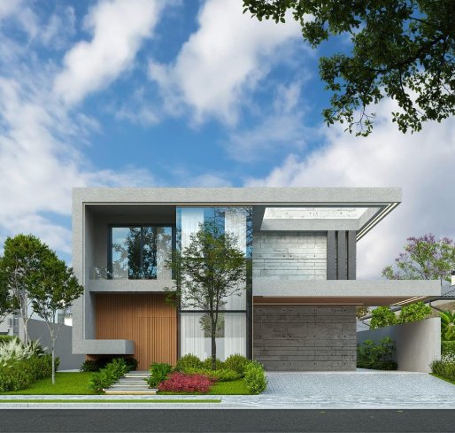 Casa moderna Piracicaba SP — fachada com concreto aparente e esquadrias de vidro